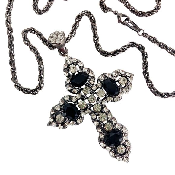 Gothic Cross Necklace Black Glass Rhinestone Silver Tone Statement Faith Pendant - Picture 1 of 13